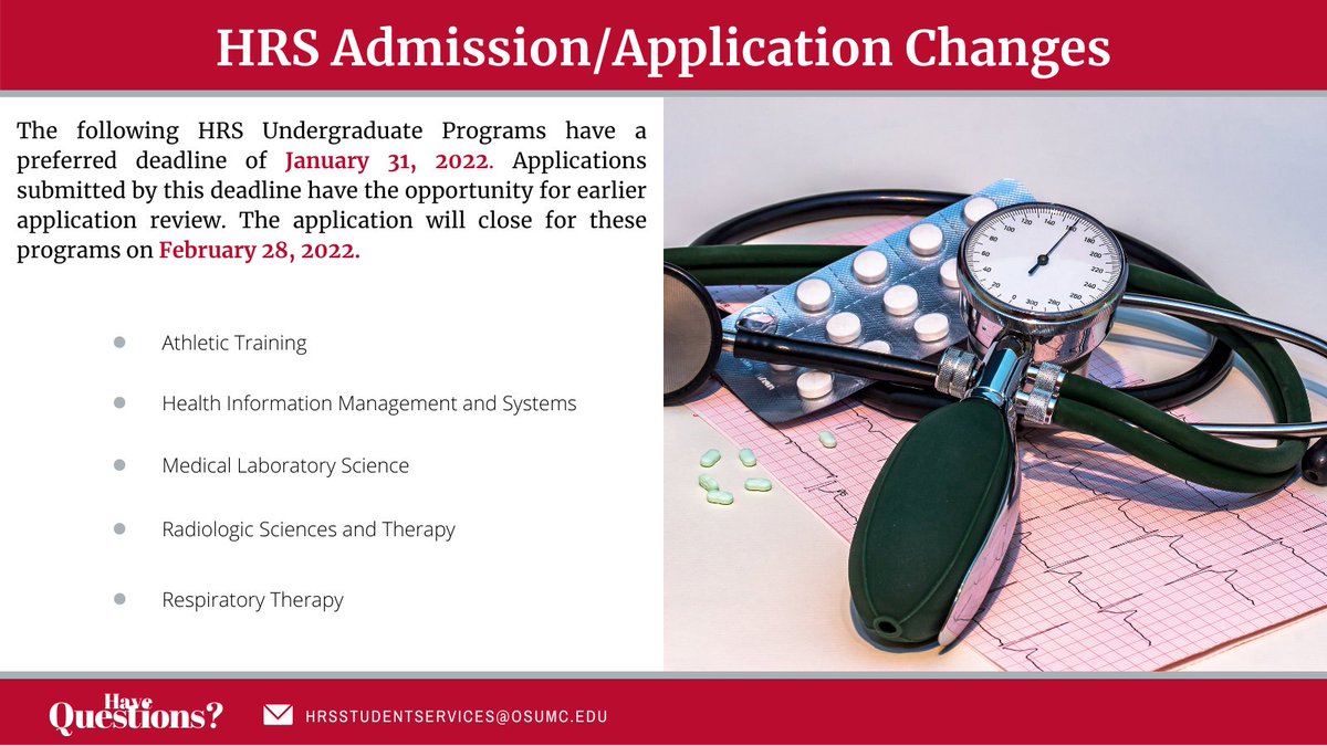 🚨APPLICATION INFORMATION 🚨

The preferred deadline for some of the <a href="/osuhrs/">OSU School of Health and Rehabilitation Sciences</a> undergraduate majors is January 31st! Don't forget to apply! 
Questions? 📩 HRSStudentServices@osumc.edu