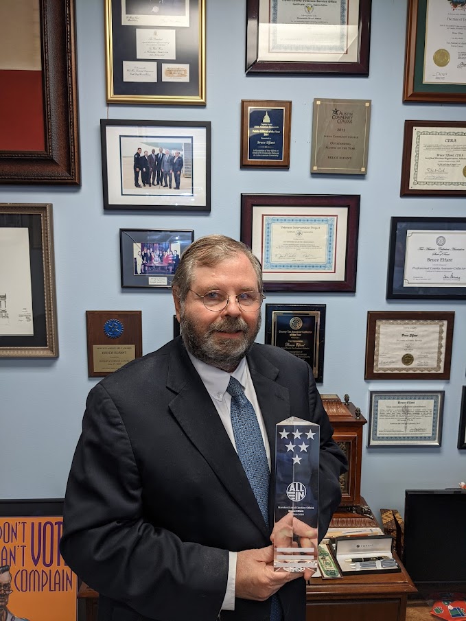 TravisCountyTax's tweet photo. Bruce Elfant named Standout Local Election Official for voter registration work on college campuses by the national, nonpartisan ALL IN Campus Democracy Challenge. Watch acceptance speech, https://t.co/v7QMMQQT6I 
&amp; read about it, https://t.co/b1PpWckp6o.
#RegisterBeCountedVote https://t.co/WmfjFVQVET