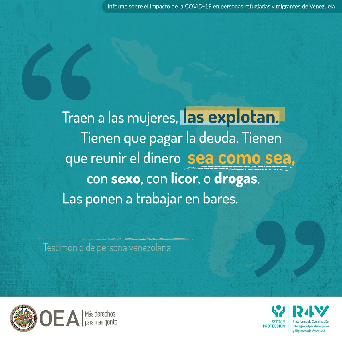 Plataforma_R4V's tweet photo. Durante la pandemia se incrementaron los casos de trata con fines de explotación sexual. 
Mujeres fueron traídas bajo engaño desde 🇻🇪 para trabajar en bares. 
(sigue 👇) https://t.co/Xyd5bpvg2W