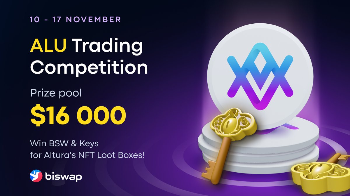 🏆$16 000 ALU Trading Competition!🏆
         Win BSW &amp; Keys to NFTs! 

📆10/11 – 17/11

🥇$3 000 for 100 mighty traders
🥈$13 000 in Keys for 300 lucky users

👉 biswap.org/alu_competition

📖Details:
bit.ly/3krOH3P

Stand out with $ALU trades on <a href="/Biswap_Dex/">Biswap</a>!