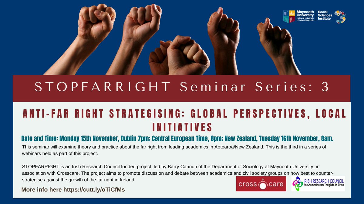 MU__SSI's tweet photo. The 3rd in the series of webinars on the #Farright is next Mon 15th at 7pm GM. Join Barry Cannon @MU_Sociology and his panel of experts from leading academics in Aotearoa/New Zealand. More info here https://t.co/fPrGRIYYMt https://t.co/whWDk9T0ZT