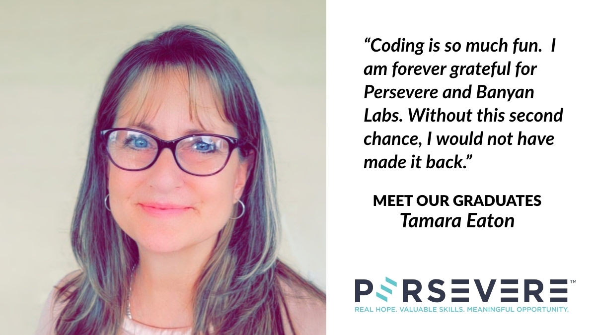 Meet Tamara Eaton. Persevere Graduate and #FullStackDeveloper at Banyan Labs (<a href="/banyanlabs/">Banyan Labs</a>). 

After experiencing incarceration, she shares that she is grateful to be back home with her family and thriving in her new career.

Visit the link in bio to learn more about our mission.