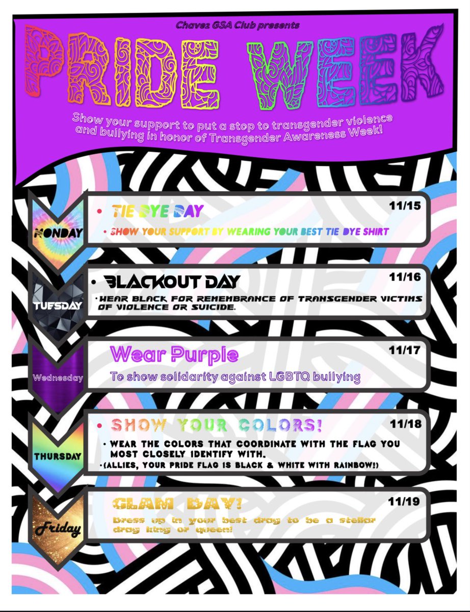 GsaChavez's tweet photo. We’re happy to announce our PRIDE WEEK🏳️‍🌈 for Trans Awareness Week🏳️‍⚧️
From November 15-19, please show your support by participating💙💖🤍 https://t.co/9lF5RoWuyC