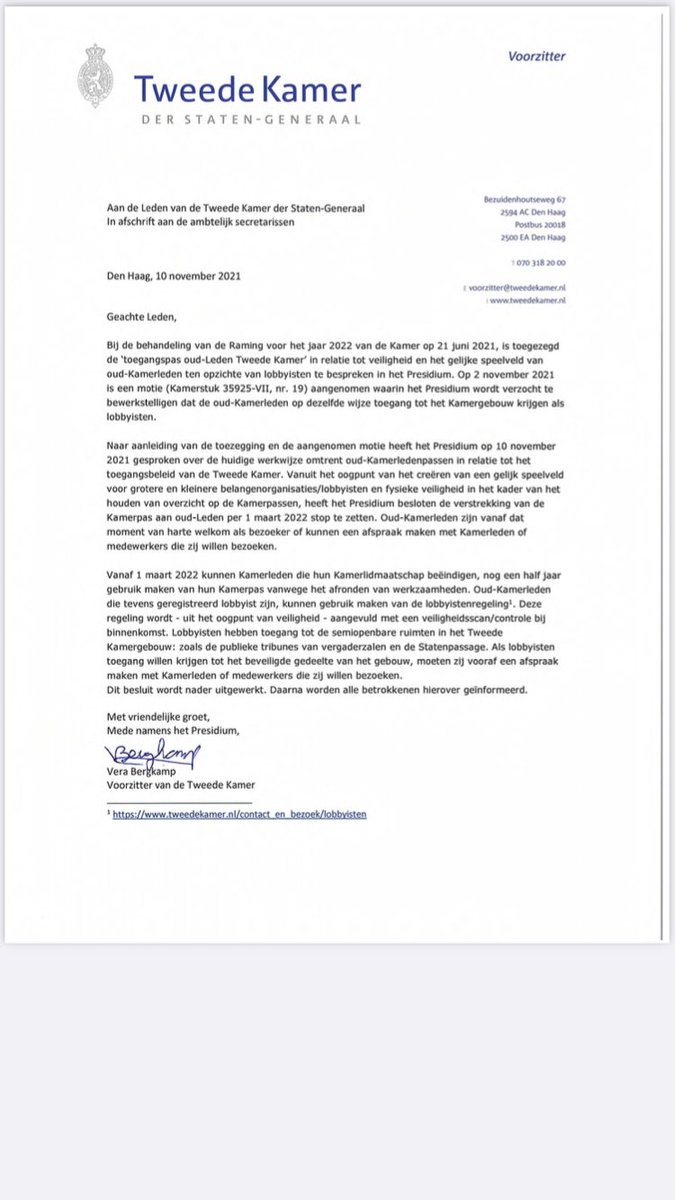 AriejanKorteweg's tweet photo. Hier is de brief waarin Kamervoorzitter Bergkamp aankondigt dat het vanaf 1 maart 2022 voorbij is met de #Lobbypas voor oud-Kamerleden. https://t.co/9W8zNSQfl6