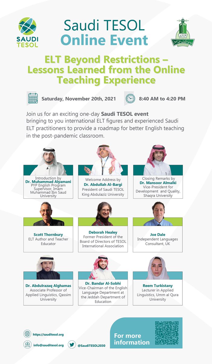 SaudiTESOL2030's tweet photo. Join us Nov. 20, 2021 for another exciting online event from Saudi TESOL bringing to you a line-up of leading international ELT figures and expert Saudi ELT practitioners.
 
For event information and registration:
https://t.co/zlBmt7p0FM https://t.co/C6YkwRTHc4