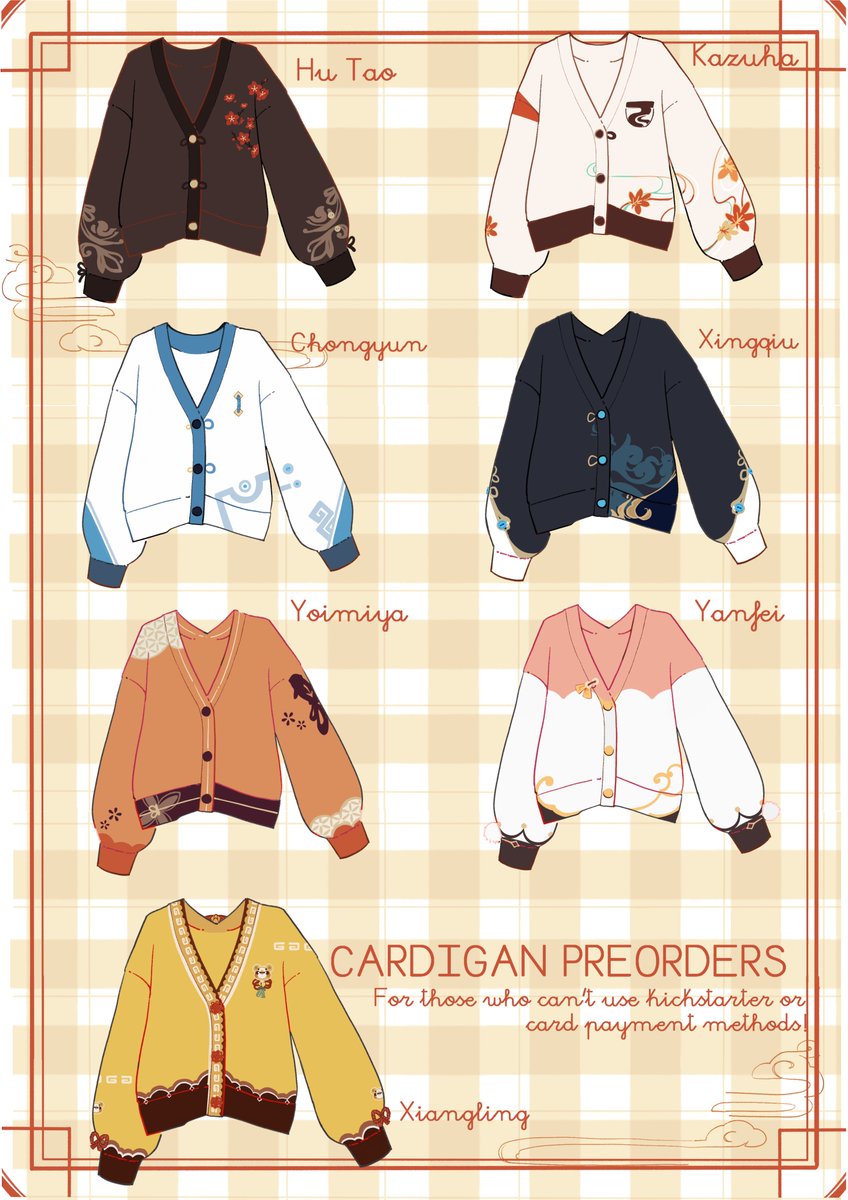 GENSHIN IMAPCT CARDIGAN PREORDERS are open until Tuesday! Link Below💖✨

These are for those people who can't use kickstarter, if you can order your cardigan there PLEASE use that method💖😊 #GenshinImpact #原神 
