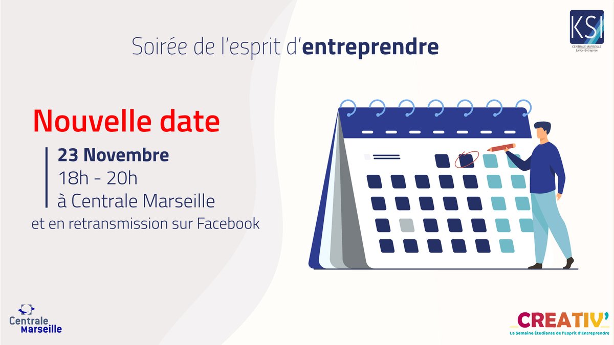 KSI (@ksiecm) on Twitter photo 💡 Nouvelle date pour la soirée de l'Esprit d'Entreprendre ! 💡
RDV le 23 novembre de 18h à 20h sur le campus de <a href="/CentraleMars/">Centrale Marseille</a> pour découvrir le #mindet de l'entrepreneur ! 🧠 💡 Nouvelle date pour la soirée de l'Esprit d'Entreprendre ! 💡
RDV le 23 novembre de 18h à 20h sur le campus de <a href="/CentraleMars/">Centrale Marseille</a> pour découvrir le #mindet de l'entrepreneur ! 🧠