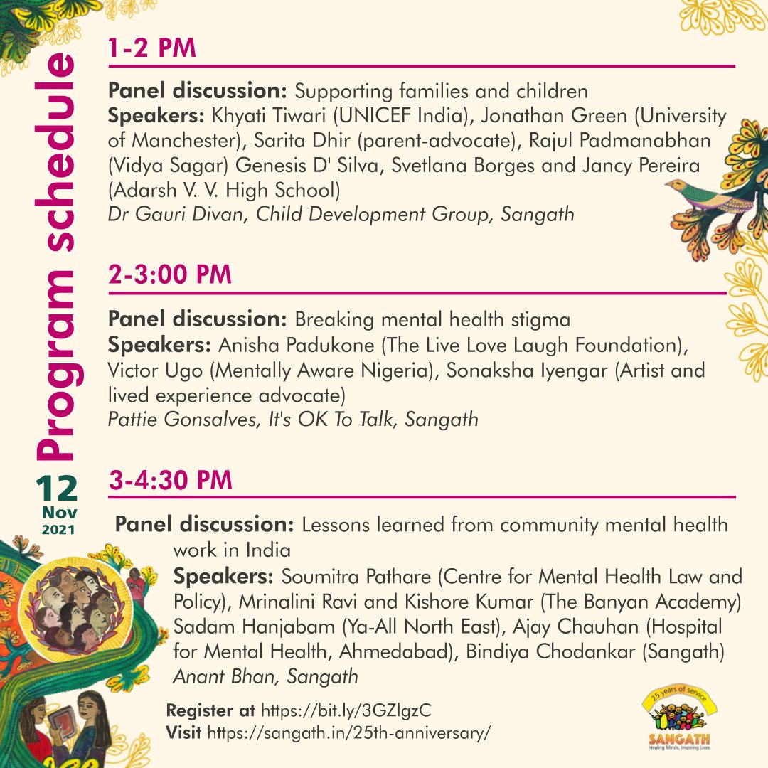 IswarSankalpa's tweet photo. Join Sarbani Das Roy, Co-Founder and Secretary of Iswar Sankalpa, at 25 years of mental health action by @SangathIndia talking about the challenges faced in building up civil society activism in mental health on 12th November. 

Register here: https://t.co/NqwPPgyMyw https://t.co/lXlIqRYpWD