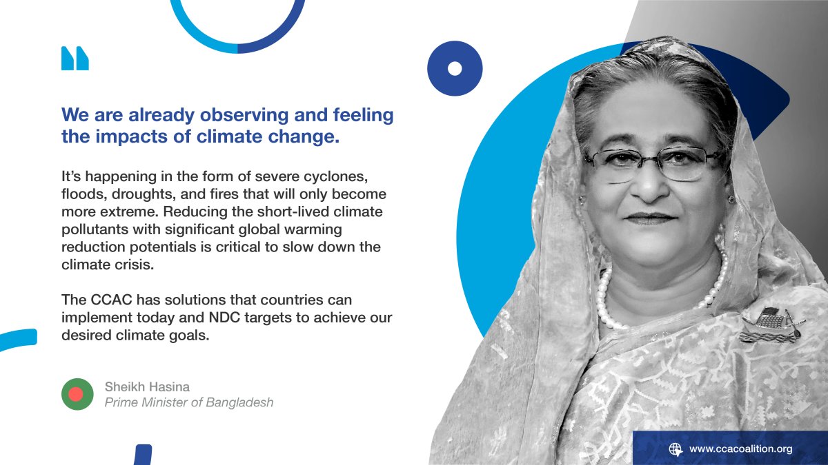 CCACoalition's tweet photo. โWe are already feeling the impacts of climate change and it will only become more extreme.โ ๐ง๐ฉ PM Sheikh Hasina
We applaud our partner Bangladesh, for committing to fast #climatecation in their #NDC by targeting short-lived climate pollutants. https://t.co/9XU4umg4lf