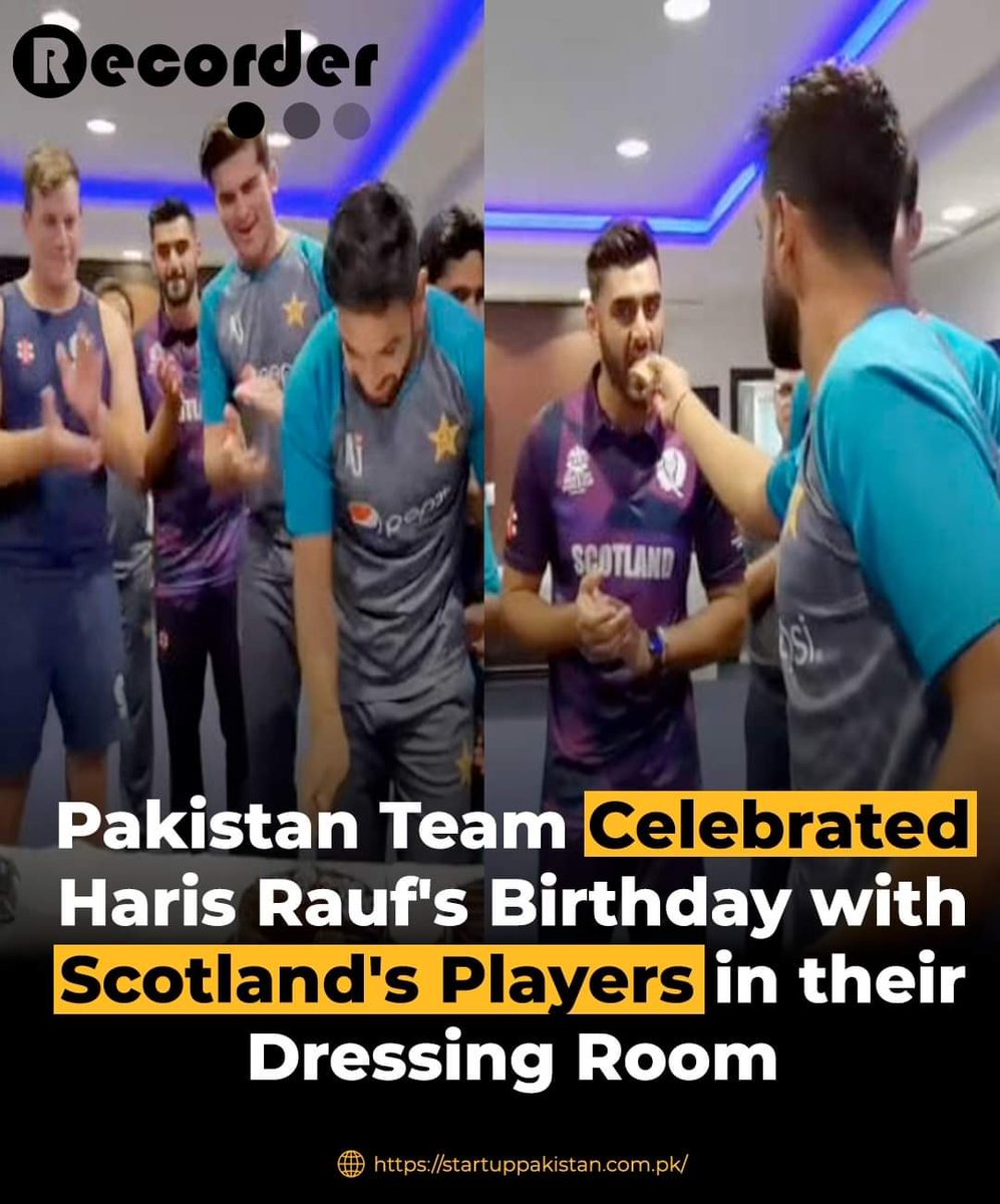 PakStartup's tweet photo. In a heartfelt gesture, the Pakistan cricket camp invited the Scotland players for pacer Haris Rauf's cake cutting ceremony on his 28th birthday after their last Super 12 game at the ongoing T20 World Cup 2021. #Pakistan #PAKvsSCO #T20WorldCup #Scotland #Cricket https://t.co/1XK1w43SbI