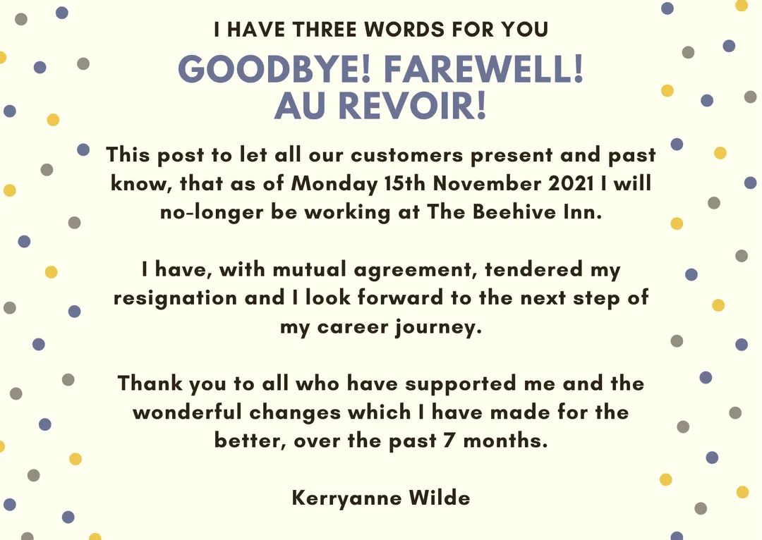 Thank you to all the customers and staff who have supported me throughout my time at the Beehive 😊