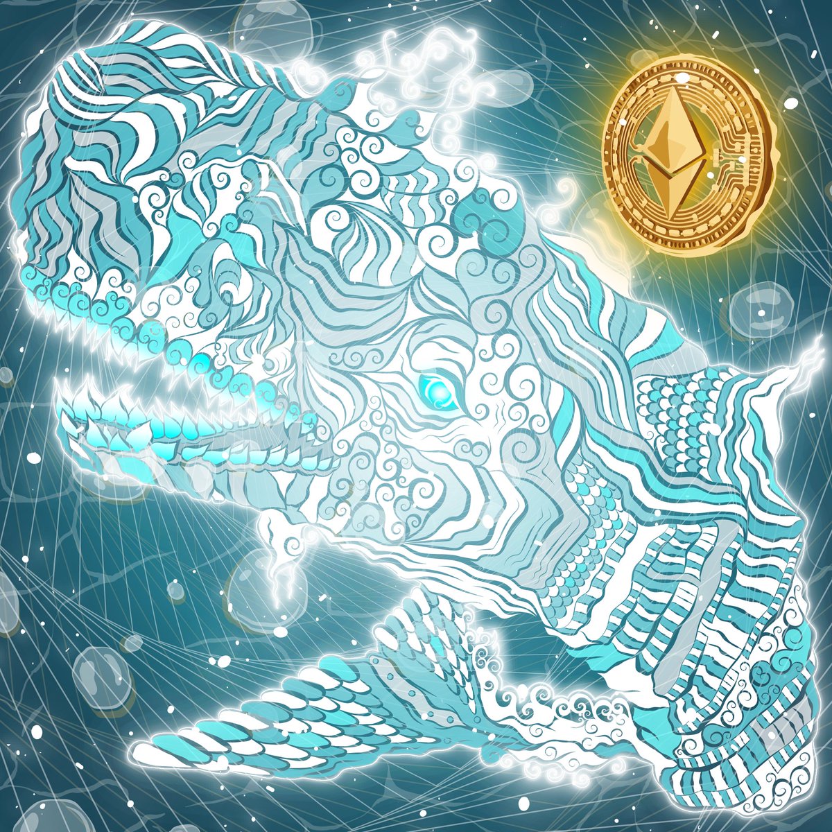 CryptoWhaleClub's tweet photo. Guest artist spotlight: We partnered with @ryptorn to create our Moby Dick whale, which you can earn through burn mechanics. 

There will be 20 different coins represented, this is the #ETH version. Make sure to check out Ryptorn's work other work as well!

#nftart #NFTartist https://t.co/B3knPq11ST