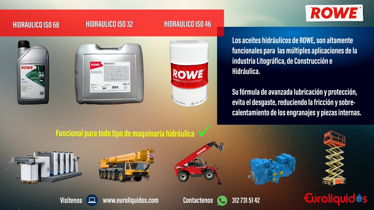 Euroliquidos's tweet photo. Los #AceitesHidráulicos #HLP #ISO32, #ISO46 #ISO68 de @ROWE_MOTOR_OIL, están formulados para las múltiples aplicaciones de la industria #Litográfica de #Construcción e #Hidráulica.
Calidad #MadeInGermany a su alcance
Web: https://t.co/7Kfwk2Nsae
Cel: 3127315142 https://t.co/qv0PsyHmsK