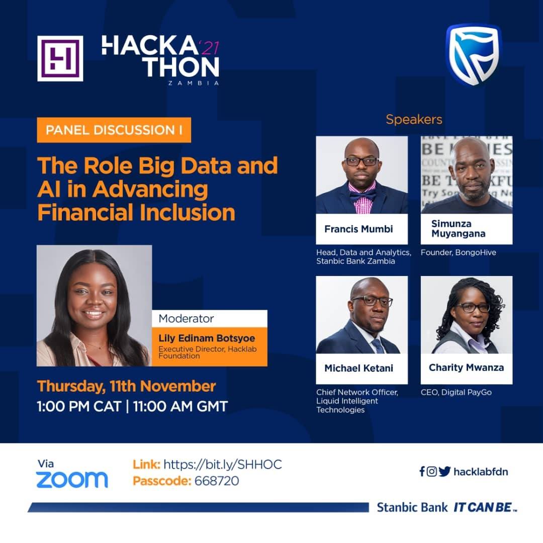 Our CEO Charity Mwanza will be speaking at the Stanbic Bank Zambia and Hacklab Foundations' Hackathon event.
To tune in, click on the link below and use 𝟲𝟲𝟴𝟳𝟮𝟬 as the password.
bit.ly/SHHOC