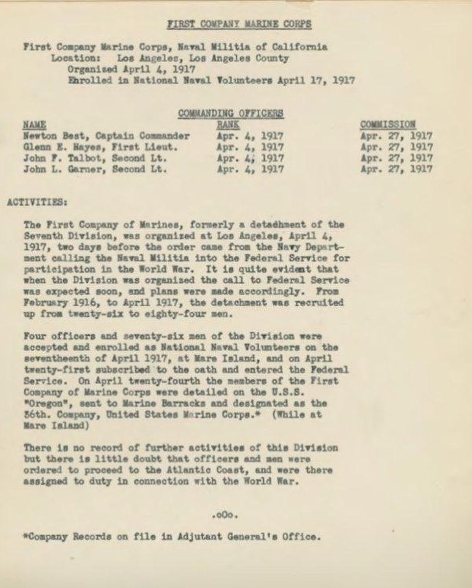 The First Company of Marines of California was organized in Los Angeles, April 4, 1917, two days before the order came from the Navy Department calling the CA Naval Militia into the Federal Service for World War One.
#marines #marinecorps #history #marinecorpsbirthday