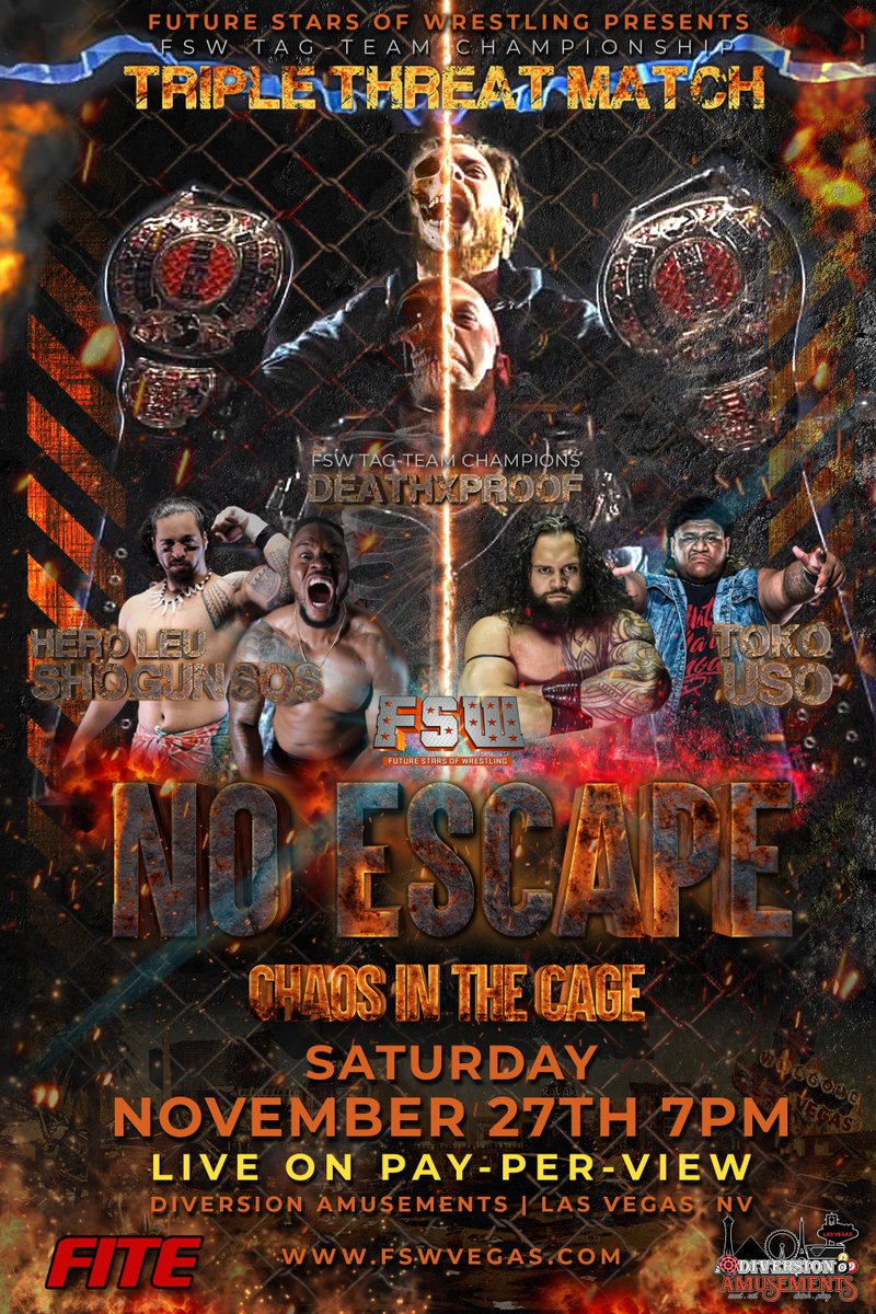 FSWVegas's tweet photo. The biggest show of the year, just got bigger.  This monster triple threat Tag Team will be featured at No Escape.  DeathxProof @CutThroatCody @SuperJAYcup   vs Toko Uso @JuicyFinau @LionHeartUce  vs @ShogunThaGod @its_heroleu https://t.co/IcsM21SG5m