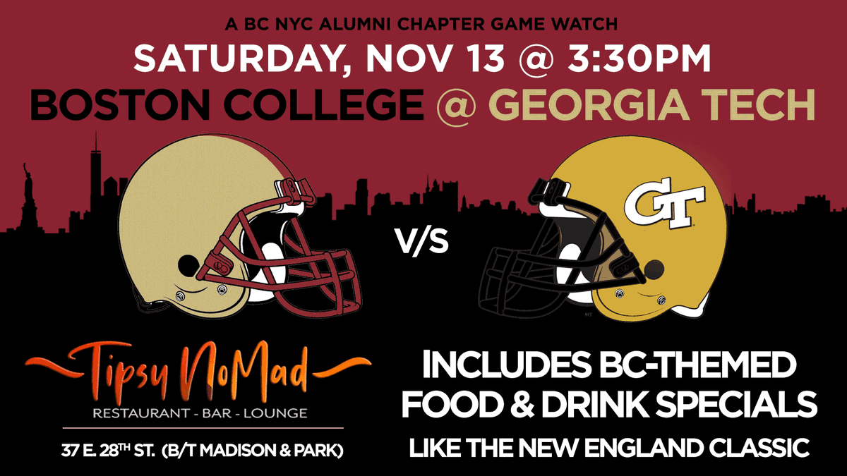 BCNYCAlumni's tweet photo. See you this Sat. as the Eagles take on the Georgia Tech Yellow Jackets! Join us at @tipsynomadnyc! Pregame starts at 2:30pm, kickoff at 3:30pm. Enjoy special drink deals + custom BC-themed menu. Reservations: call or text Brendan (the manager) at 914-610-9159. Get In Eagles!🦅🦅 https://t.co/OB0Qsah2NA