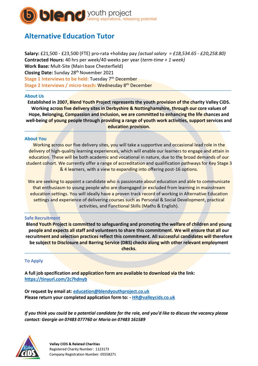 JOB VACANCY

We're recruiting for an Alternative Education Tutor to join our team.

Details in advert below👇

Link to full application pack: tinyurl.com/2c7hdnyb