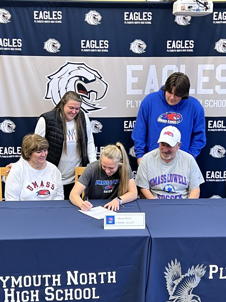 PNHSSoftball's tweet photo. Congratulations to Meg Banzi on signing her letter of intent to UMass Lowell.  We r all so proud of u! TY 4 the honor of watching you sign! @RiverHawkWSOC u all r getting 1 of the best student athletes I have had the honor of coaching! @pnhsathletics @PlymouthNorthHS @MeganBanzi https://t.co/Uk7tt1gUO4