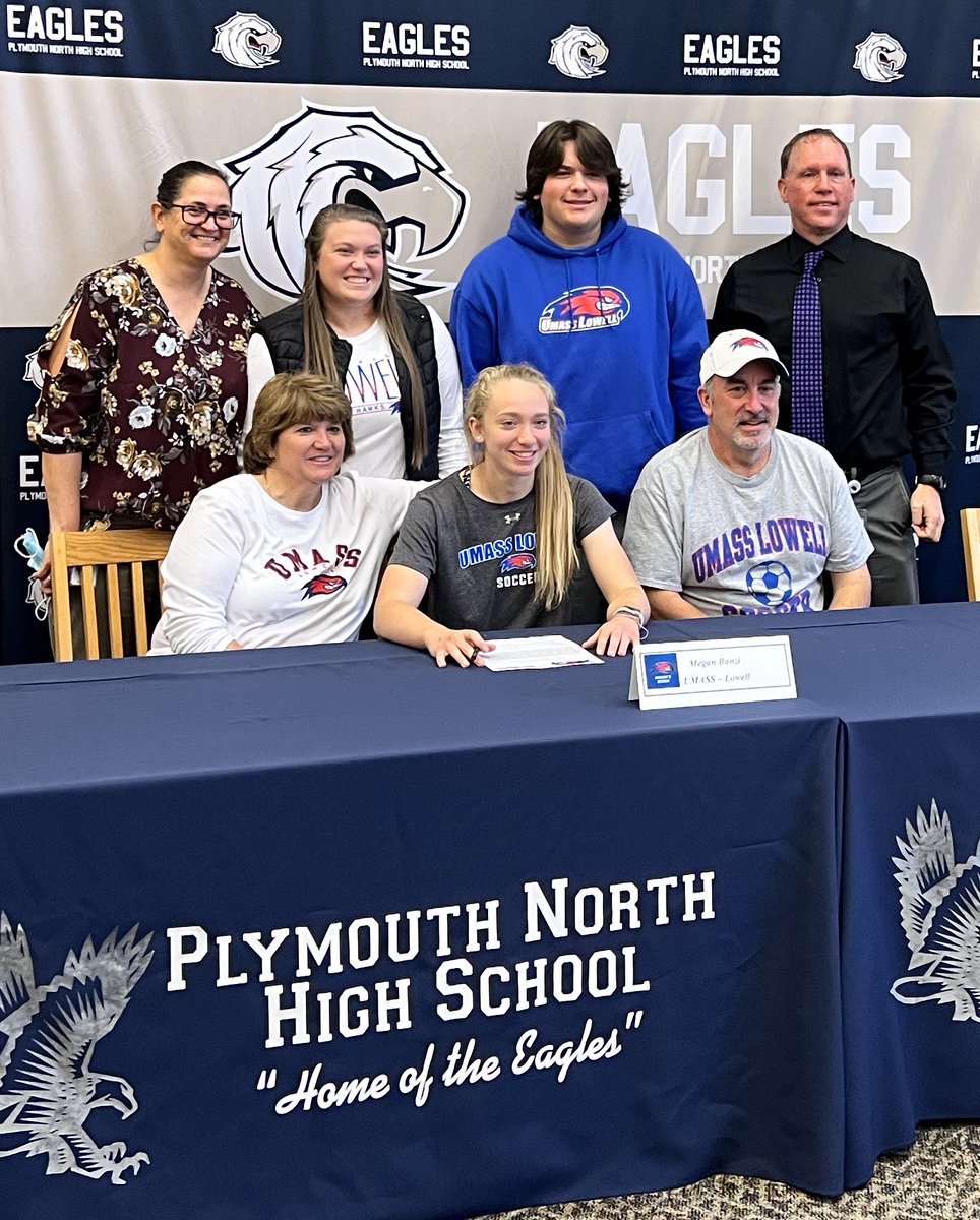 PNHSSoftball's tweet photo. Congratulations to Meg Banzi on signing her letter of intent to UMass Lowell.  We r all so proud of u! TY 4 the honor of watching you sign! @RiverHawkWSOC u all r getting 1 of the best student athletes I have had the honor of coaching! @pnhsathletics @PlymouthNorthHS @MeganBanzi https://t.co/Uk7tt1gUO4