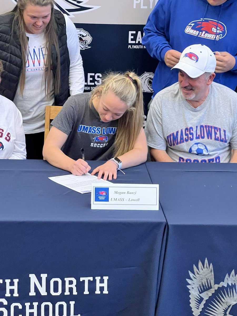 PNHSSoftball's tweet photo. Congratulations to Meg Banzi on signing her letter of intent to UMass Lowell.  We r all so proud of u! TY 4 the honor of watching you sign! @RiverHawkWSOC u all r getting 1 of the best student athletes I have had the honor of coaching! @pnhsathletics @PlymouthNorthHS @MeganBanzi https://t.co/Uk7tt1gUO4