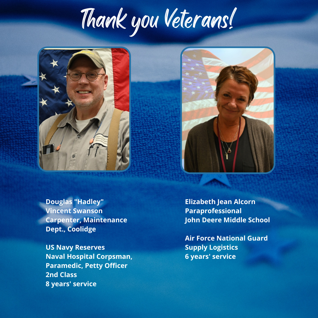 MolineCVSchools's tweet photo. MCV District is proud to recognize its ten veteran employees today. Together they represent an amazing 74 years of service to our country!  With respect, honor, and gratitude, THANK YOU to all who have served! 
#molinepride https://t.co/AqBaQ5MwsN