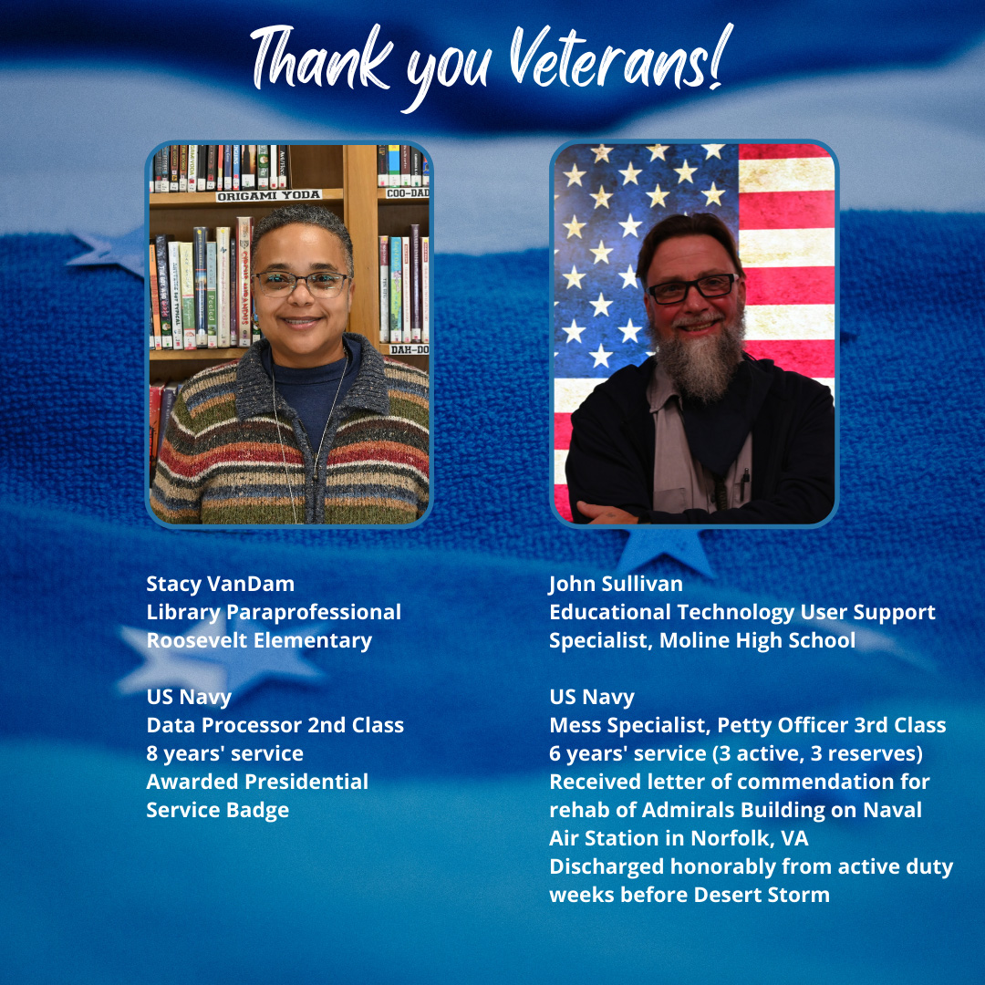 MolineCVSchools's tweet photo. MCV District is proud to recognize its ten veteran employees today. Together they represent an amazing 74 years of service to our country!  With respect, honor, and gratitude, THANK YOU to all who have served! 
#molinepride https://t.co/AqBaQ5MwsN