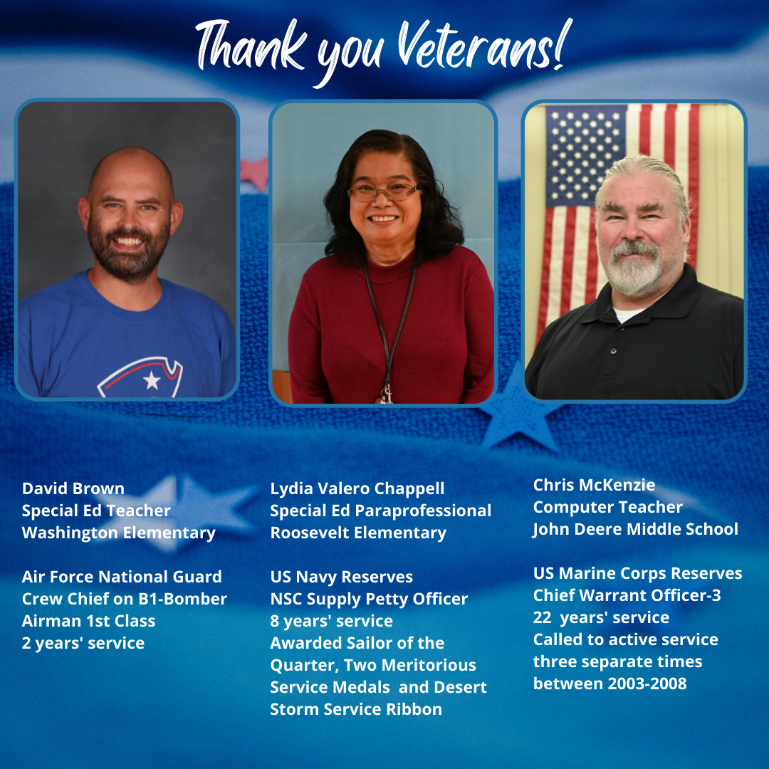 MolineCVSchools's tweet photo. MCV District is proud to recognize its ten veteran employees today. Together they represent an amazing 74 years of service to our country!  With respect, honor, and gratitude, THANK YOU to all who have served! 
#molinepride https://t.co/AqBaQ5MwsN