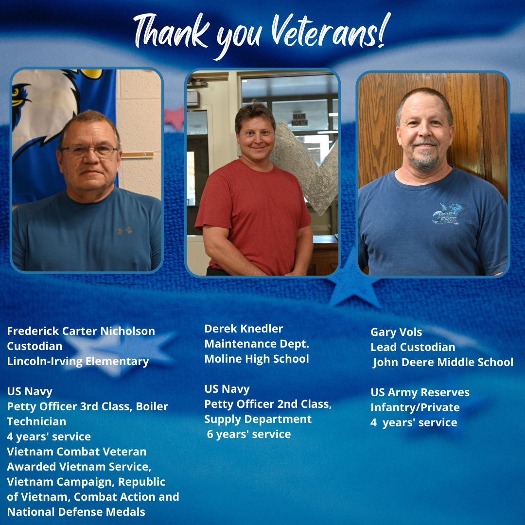 MolineCVSchools's tweet photo. MCV District is proud to recognize its ten veteran employees today. Together they represent an amazing 74 years of service to our country!  With respect, honor, and gratitude, THANK YOU to all who have served! 
#molinepride https://t.co/AqBaQ5MwsN