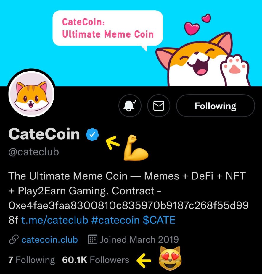catecoin's tweet photo. CateCoin is now verified on
 Twitter💪
Always check that you’re
 following the OG! 

60K followers😻🐾

#catearmy
#catecoin https://t.co/Q3PT8IHIJV