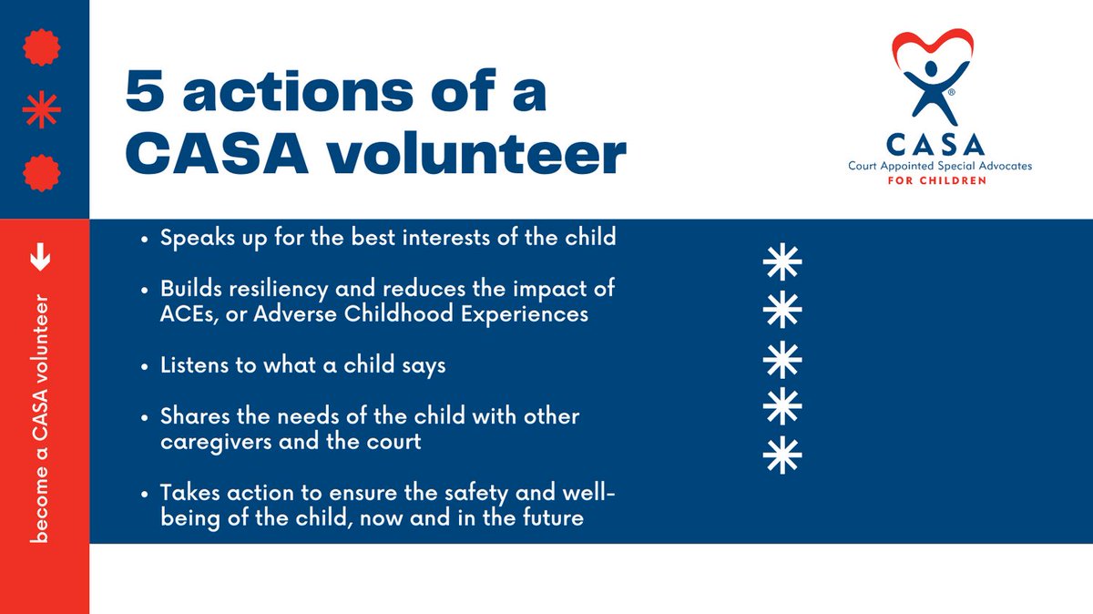 californiacasa's tweet photo. WHAT IS A CASA? A Court Appointed Special Advocate is a volunteer who wants to dedicate between 10-12 hours a month to help children who have experienced abuse or neglect: One caring adult, assigned to the same child, while they’re in the foster care system. https://t.co/95KohKXYkh