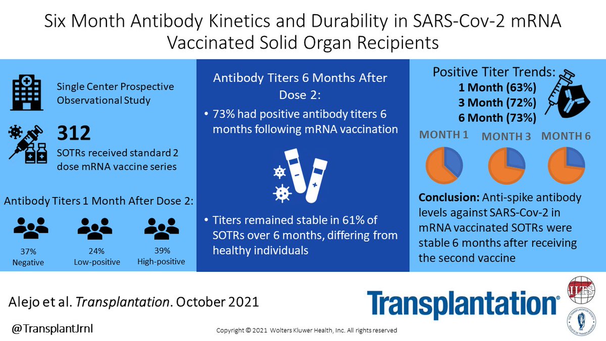 The first 6 months data by the <a href="/Dorry_Segev/">Dorry Segev</a> team from <a href="/ERGOT_JH/">ERGOT @Johns Hopkins</a> on the anti-spike antibody levels against SARS-CoV-2 in solid organ transplant recipients after receipt of the second vaccine. Exciting data! #COVID19 #VisualAbstract #TransplantTwitter bit.ly/3nNI1O4