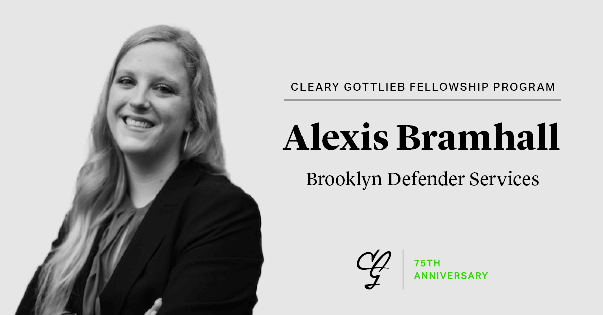 ClearyGottlieb's tweet photo. To celebrate the inaugural class of the #ClearyFellowshipProgram, #ClearyGottliebProBono is recognizing Alexis Bramhall’s superb work at Brooklyn Defender Services (@BklynDefender). To learn more, click here: https://t.co/V5p8XCsL6X #ProBonoMatters https://t.co/v3sHh5G8KC