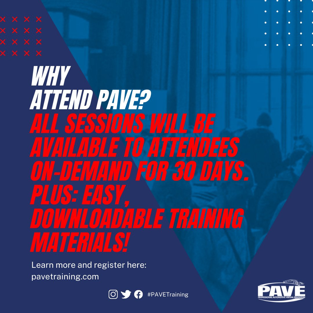 Why attend PAVE? All sessions will be available to attendees on-demand for 30 days. Plus: Easy, downloadable #training materials! Learn more and #register here: pavetraining.com #PAVETraining #AutomotiveTraining