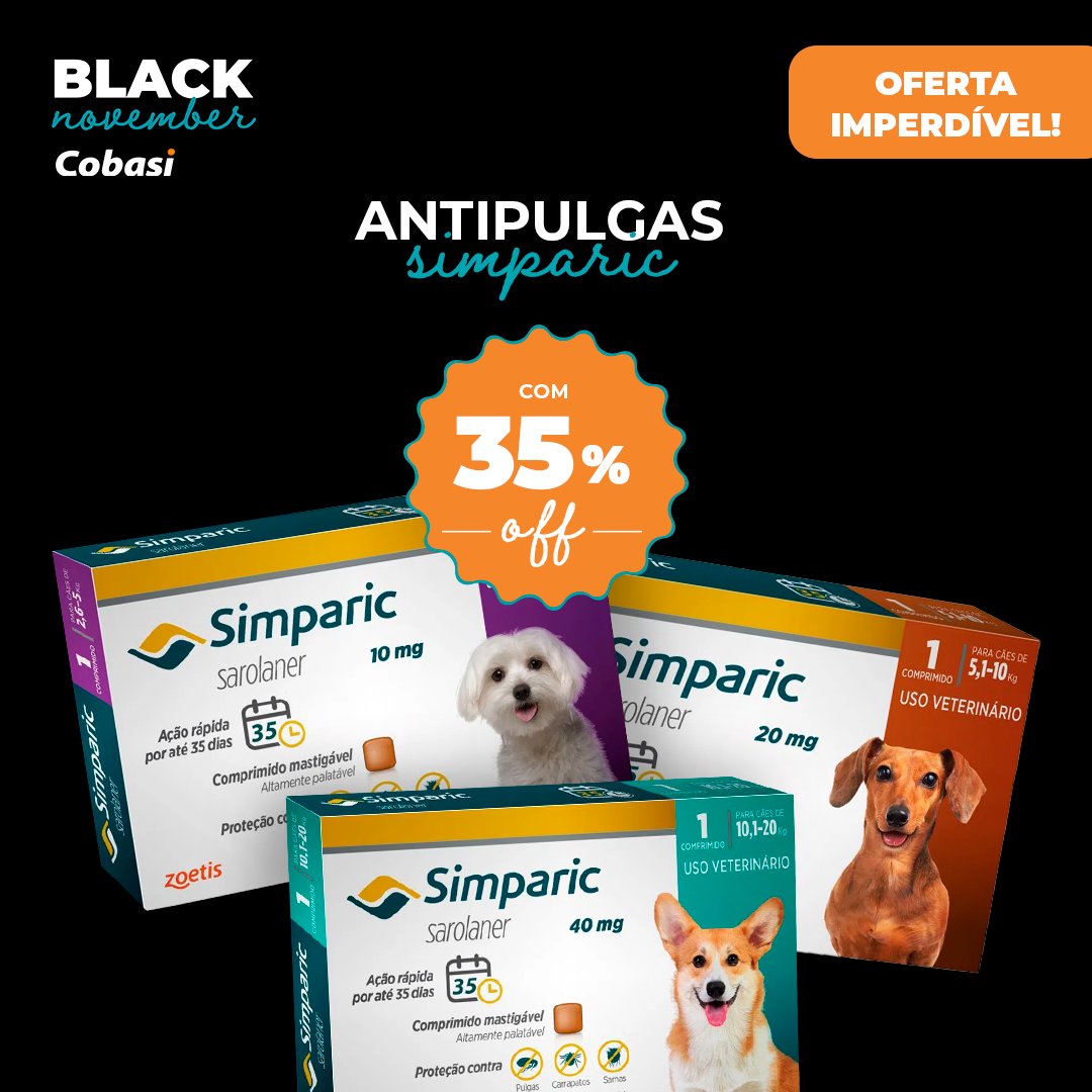 cobasi's tweet photo. Mais uma oferta arrasadora da Black November da Cobasi: Antipulgas Simparic, para doguinhos de todos os portes, com 35% de desconto! Clique no link e aproveite: https://t.co/L7bj0gFfxU!
#BlackNovember #Ofertas #BlackFriday #Simparic #Antipulgas https://t.co/kLclEitTPG