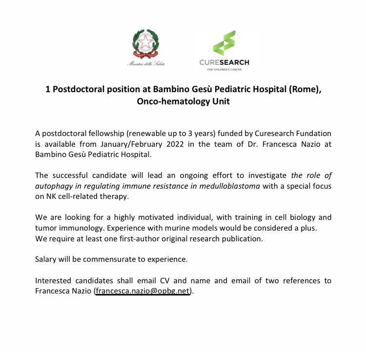 Post-doctoral position in Rome #autophagy #medulloblastoma  #bambinogesu  
<a href="/FrancescaNazio/">FrancescaNazioLab</a>