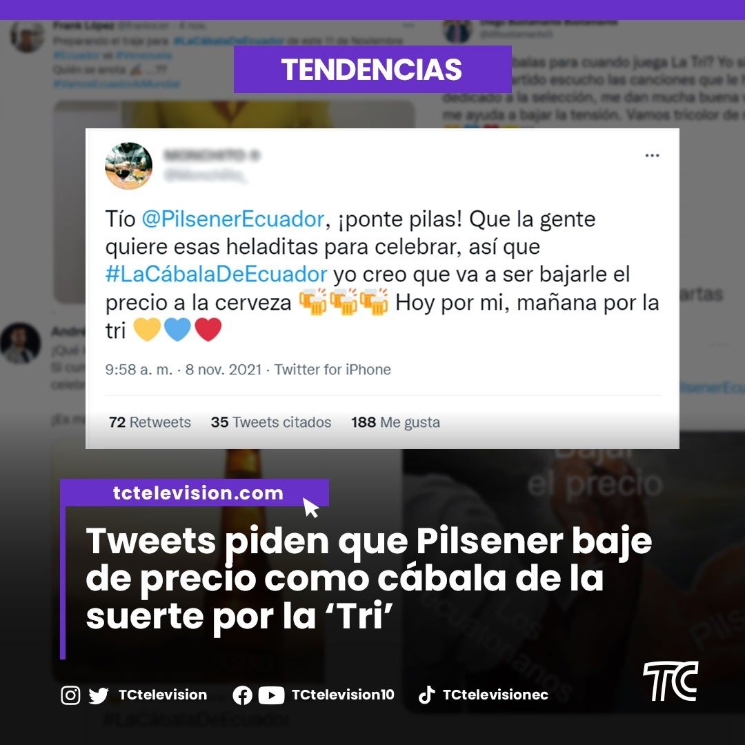 tctelevision's tweet photo. Los ecuatorianos 🇪🇨 piden que Pilsener baje de precio💲. Hasta el momento la marca cervecera no ha 🤔 respondido a los cientos de usuarios. ¿Se cumplirá 🍻?   
@PilsenerEcuador https://t.co/UWAA5w6Wn9