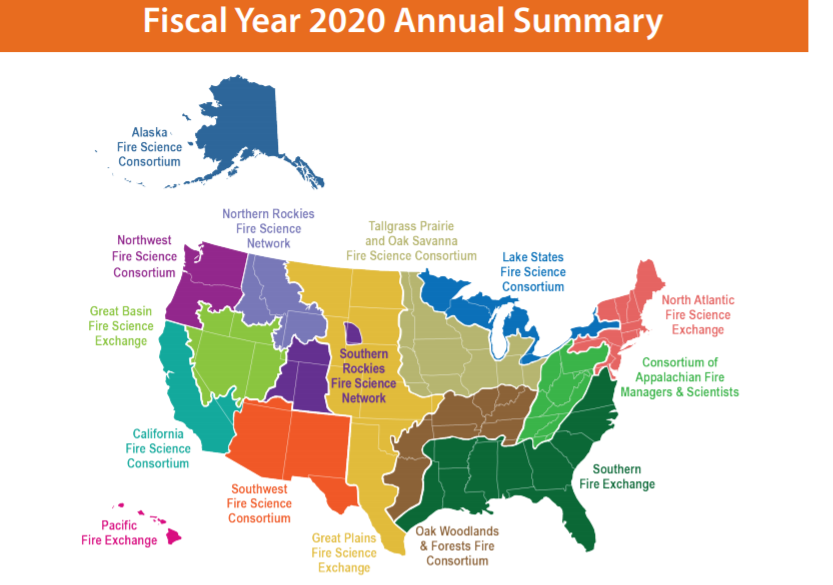 FireScienceGOV's tweet photo. The Fire Science Exchange Network includes 15 regional exchanges. If you want to know what we've been up to check out our 2020 annual report. #FSEN #JFSP #firescience https://t.co/AipvGilnU0 https://t.co/PYargFqpJd