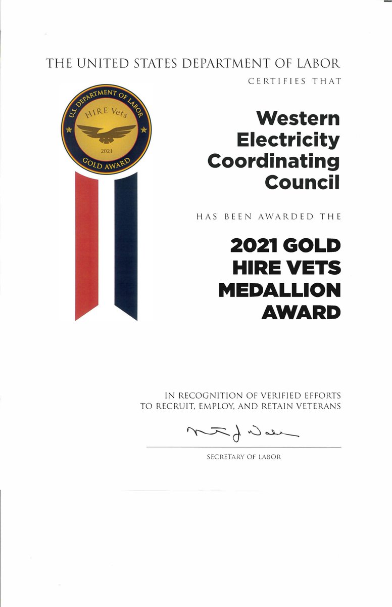 weccreliability's tweet photo. WECC received the HIRE Vets Medallion Award, the only federal-level veterans' employment award recognizing our commitment to veteran hiring, retention, and professional development. We honor our WECC vets and all the veterans in the Western Interconnection. https://t.co/LMuPNy1q1O