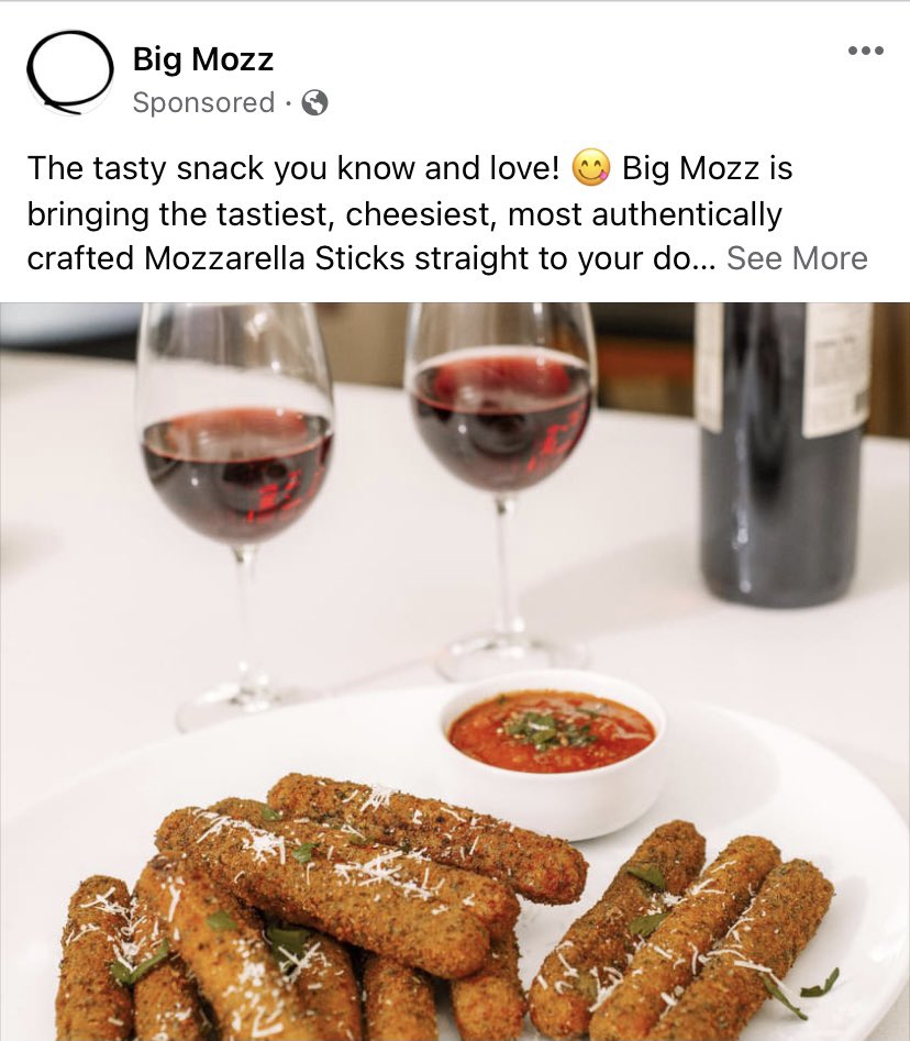 JakeChapmanOM's tweet photo. Last night I was out of marinara so I searched for alternate sauce ideas for my mozz sticks. Lo and behold this ad pops up today. Big Mozz must be stopped. #criticalthinker #orwellian #bigmozz https://t.co/rB5vbKQMwa