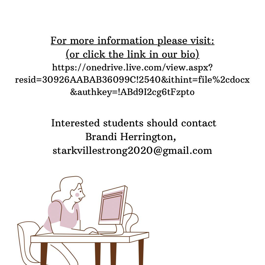 🗣Internship opportunity!! Starkville Strong is looking for an intern for Spring 2022! Click the link in our bio for more information regarding the details of the position! Interested applicants can contact Brandi Herrington, starkvillestrong2020@gmail.com