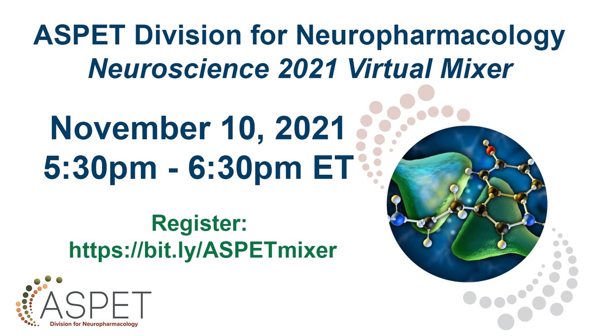 Join us tonight for the ASPET Division for Neuropharmacology #ASPETNEU virtual mixer. Starting at 5:30pm ET. Registration for this virtual event is free! Invite your colleagues and students to join in! bit.ly/ASPETmixer