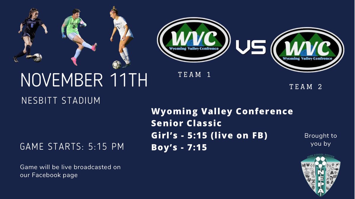 nepasoccer's tweet photo. One final time we get to watch the seniors we’ve been covering the past few years! The girl’s match kicks off at 5:15, followed by the boy’s at 7:15.

There will be an admission charge at the gate. $4 for adults, and $2 for students. All proceeds will be donated to Valley Santa. https://t.co/zvgh1hHlsN