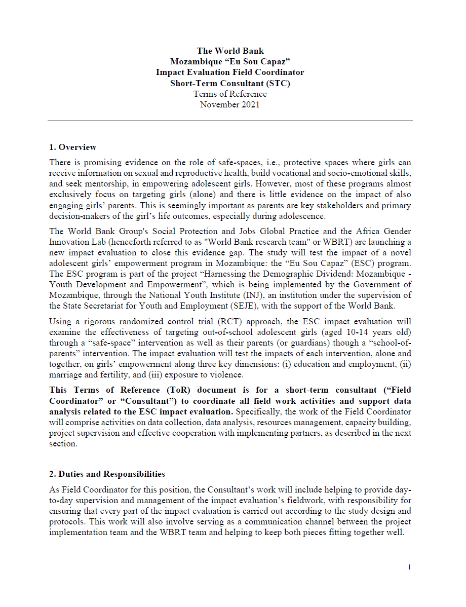 Abhilasha Sahay on Twitter: "Come work us! The Africa Gender Innovation Lab  is looking for a field coordinator in Mozambique for an IE study on  safe-space programs among adolescent girls. The position