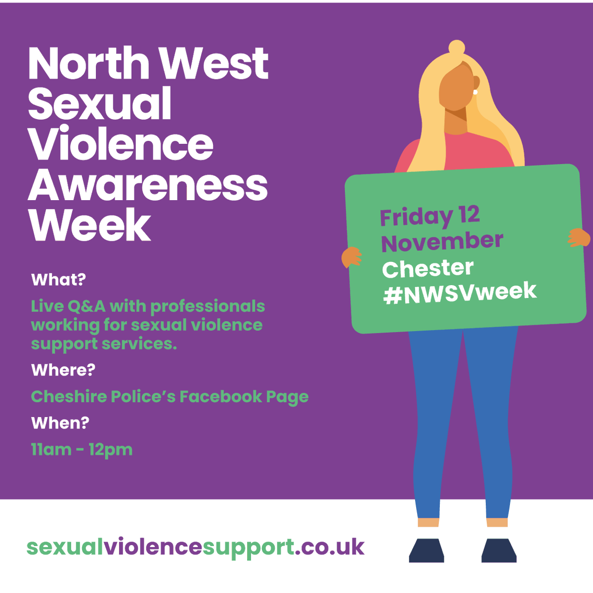 mycwacharity's tweet photo. Cheshire Sexual Violence Awareness Week

11am – 12pm: A live Q&amp;A will be hosted via @cheshirepolice 's Facebook page

More: https://t.co/xag0O3CoGe

#MyCWALiveFree #NWSVweek #RASASC #VAWG #ItsNotOK #MeToo #Survivor #EndSexualViolence #SupportInCheshire #SurvivorsInCheshire https://t.co/cHLnuGwEpH