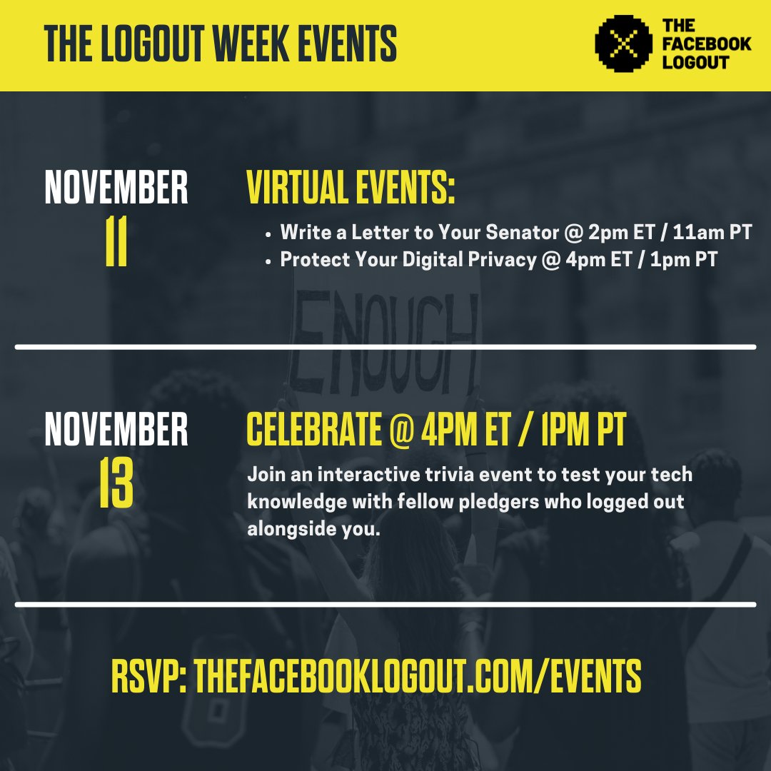 freepress's tweet photo. We’re teaming up with 40+ orgs and tens of thousands of folks in a cross-movement action against Facebook and Instagram. Join #TheFBLogout from Nov. 10 - 13.
Visit https://t.co/fdSBgIHvSG to learn more.
cc: @KairosFellows @mediajustice @UltraViolet @accountabletech @dailykos https://t.co/xZoua8FeQ6