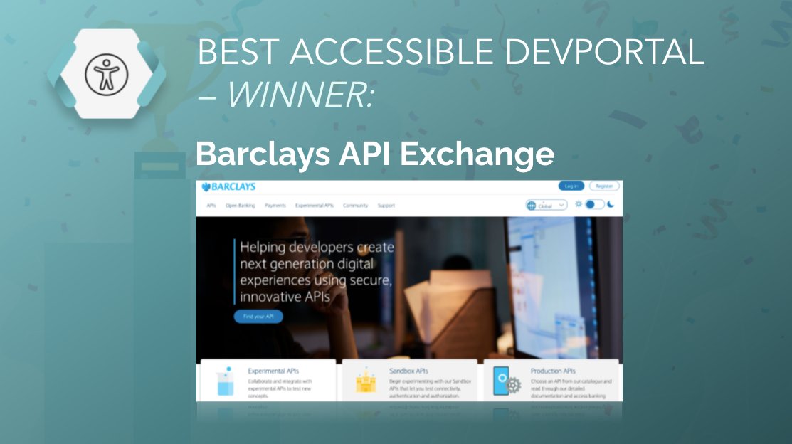 DevportalAwards's tweet photo. Winner of the "Best Accessible Devportal" category is @Barclays API Exchange. (3 times in a row now!!) Amazing work, congratulations! 👏👏

Barclays also presented their #devportal at #APItheDocs a few weeks ago. You can watch it here: https://t.co/sbYnRjHy0u https://t.co/vgWCXyNiy1