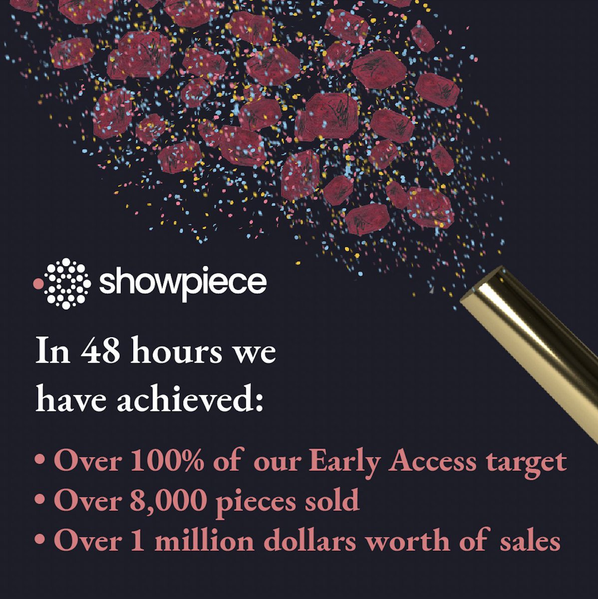 ShowpieceTweets's tweet photo. Since the start of Early Access we have reached over 105% of our target in just 48 hours! In a world first over 8,400 pieces of the #1cMagenta have been purchased so far, totalling over $1 million. And in other good news, there is only 1 day until general release goes live! https://t.co/WYbELToGxw