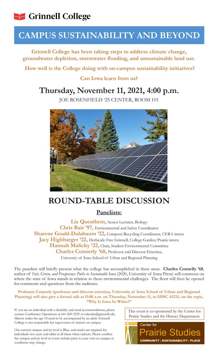 GrinnellPrairie's tweet photo. On November 11 at 4pm (JRC 101), join a roundtable conversation on "Campus Sustainability". Panelists will each briefly present updates on aspects of campus sustainability. There will be ample time for comments and questions from the audience. https://t.co/rjA0MxHNBY