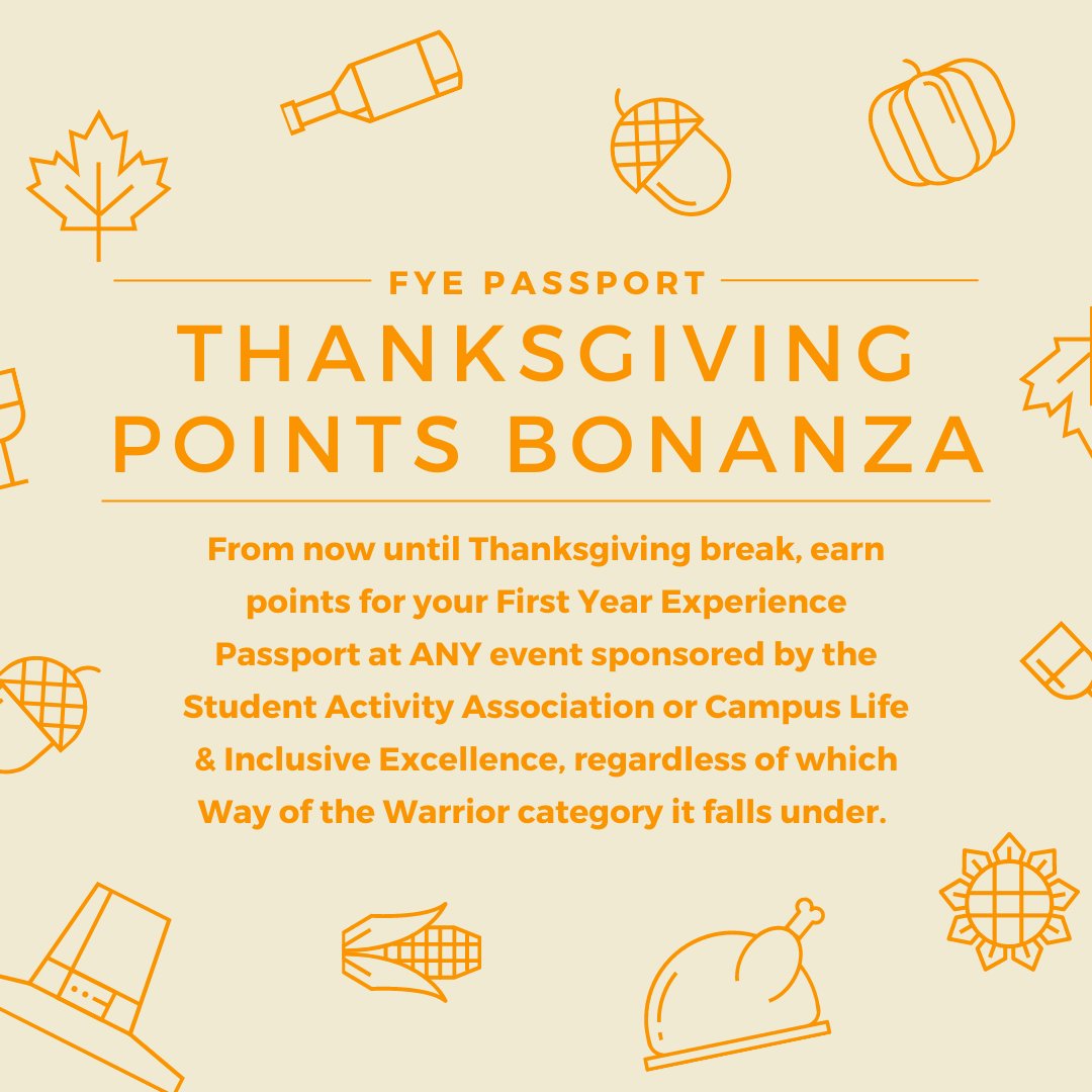 This just in: it's now easier than ever to earn credit for your FYE Passport! From now until Thanksgiving break, earn points at ANY event sponsored by SAA or <a href="/esucampuslife/">ESU Campus Life & Inclusive Excellence</a>, regardless of category.
